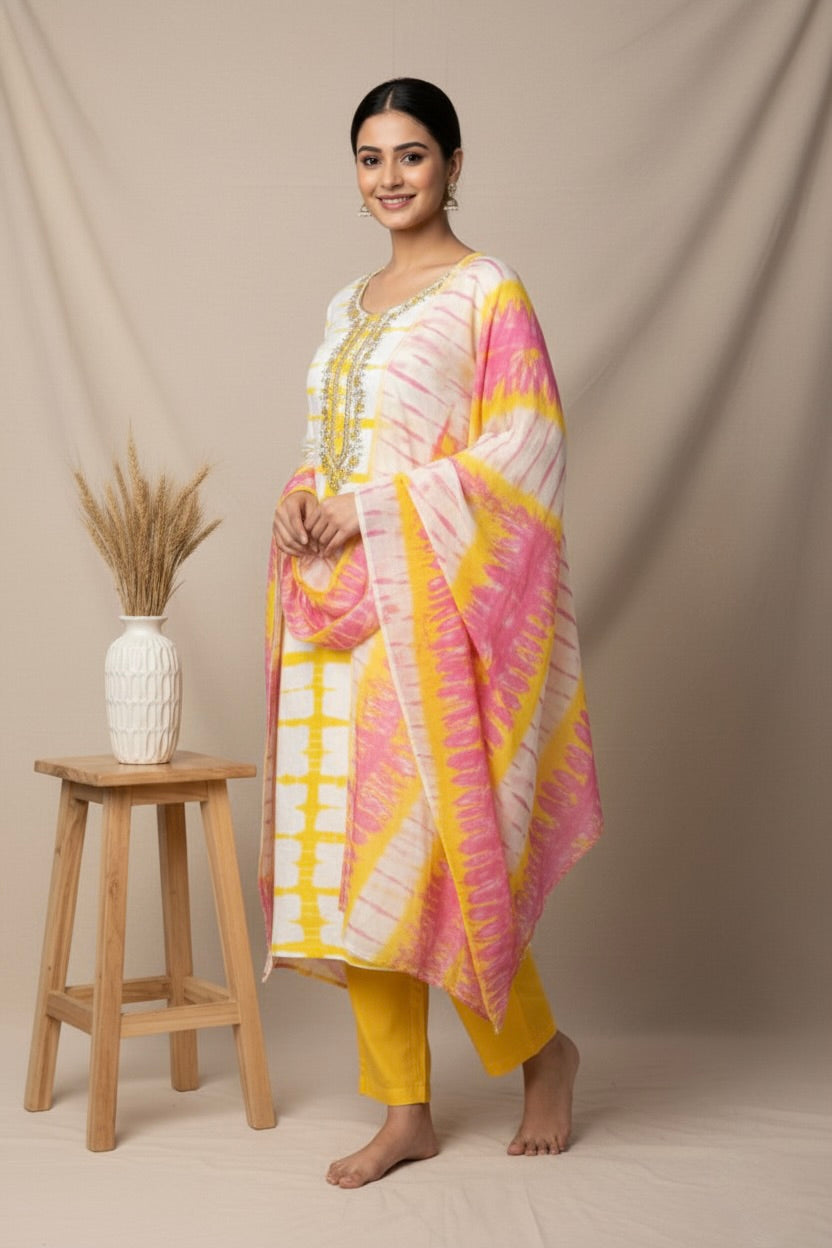 Yellow Embroidered suit set - Unstitched