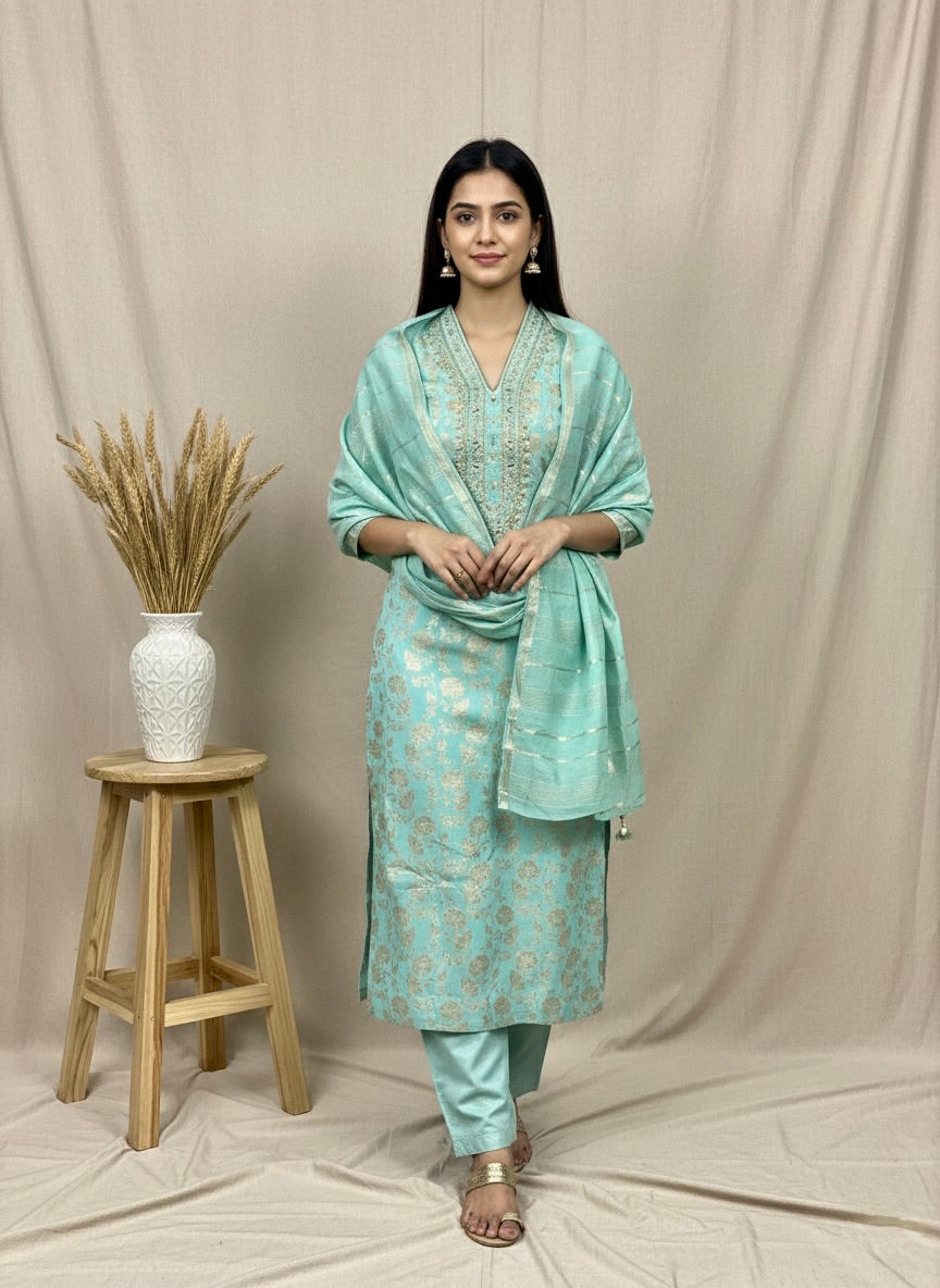Mint green kurta with golden design