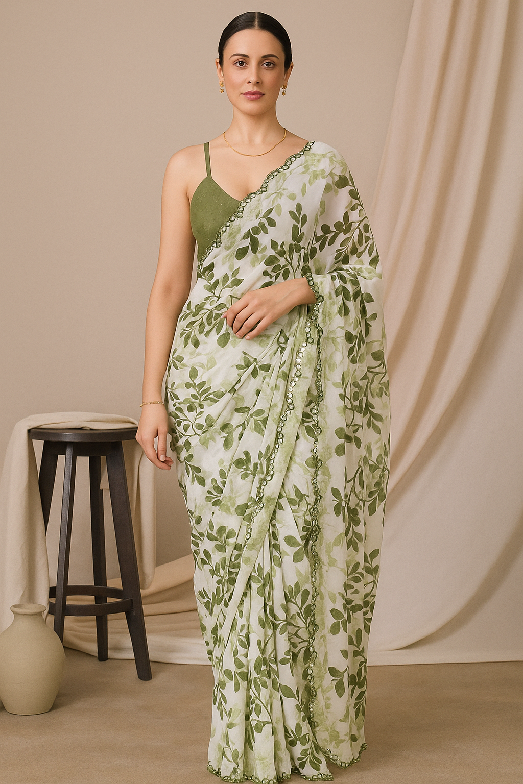 Green Leaf Print georgette Saree