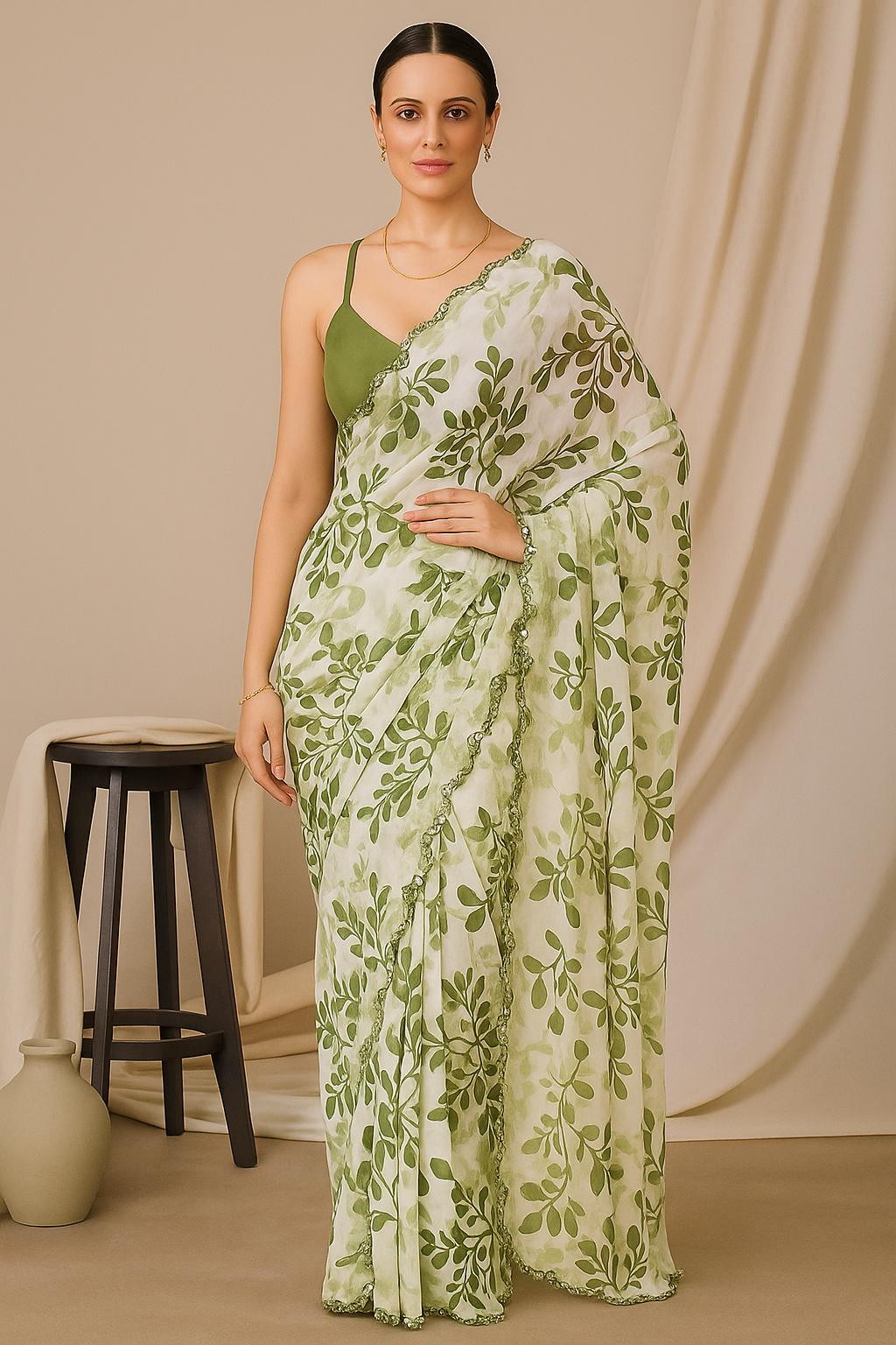 Green Leaf Print georgette Saree