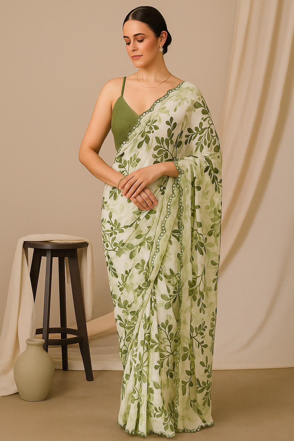 Green Leaf Print georgette Saree