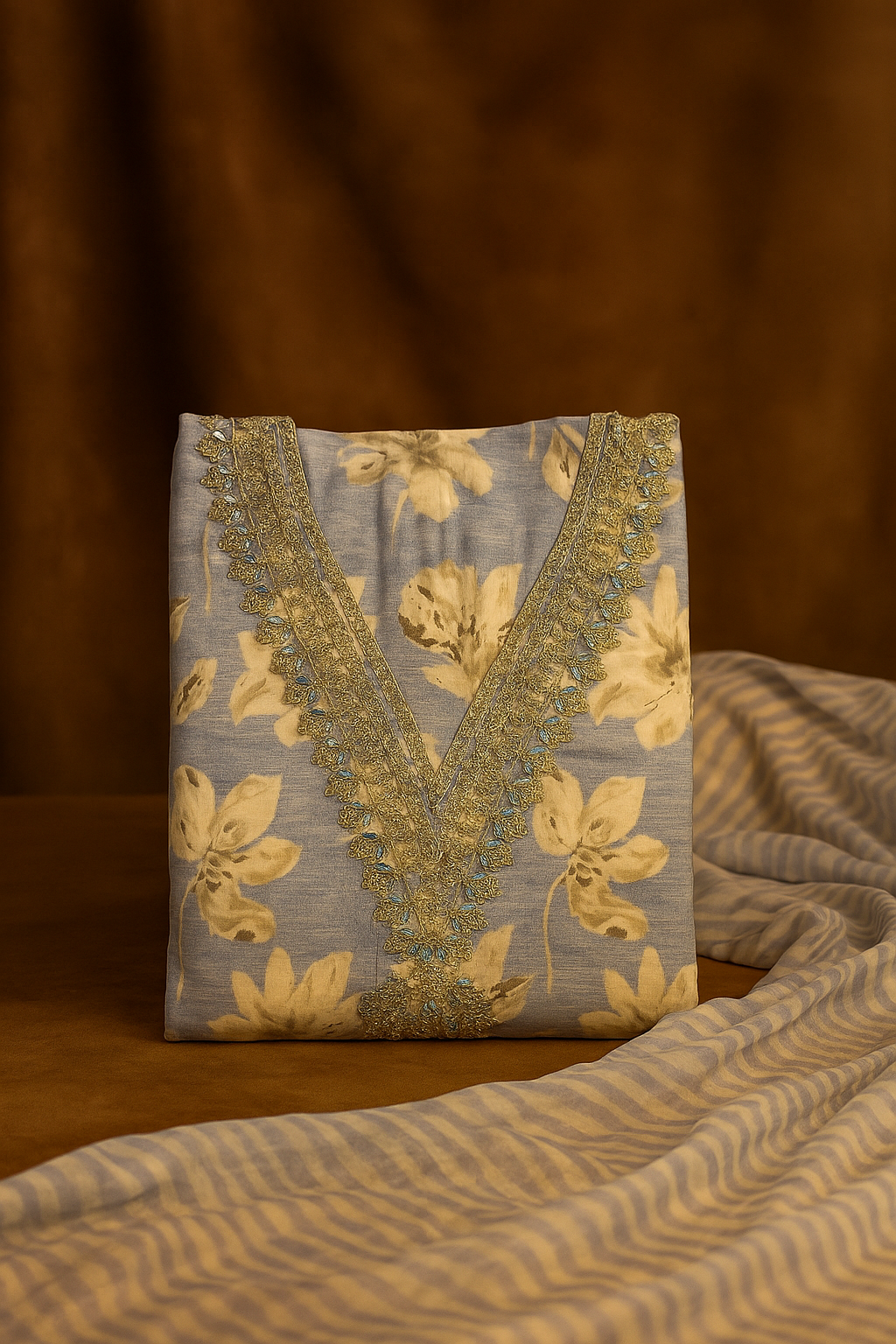 Elegant Blue Floral Embroidered Suit