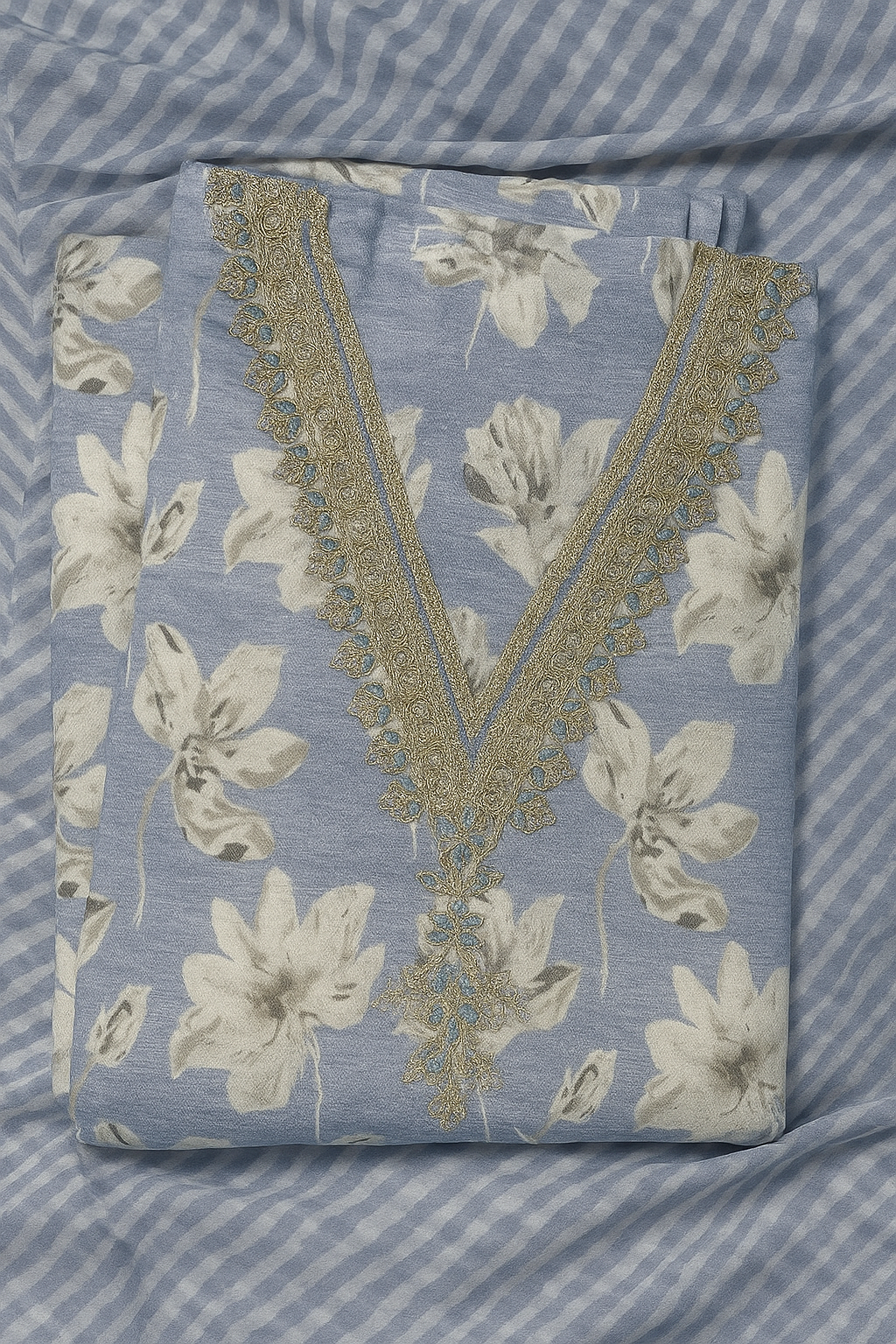 Elegant Blue Floral Embroidered Suit
