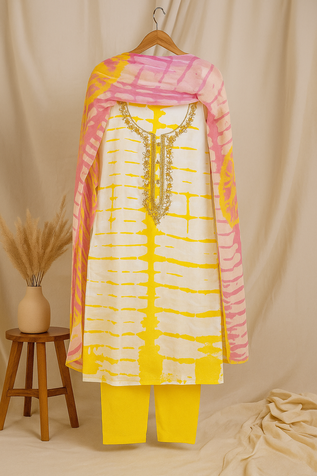 Yellow Embroidered suit set - Unstitched