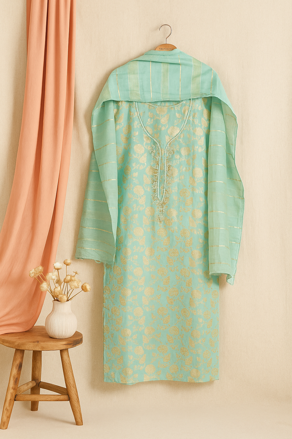 Mint green kurta with golden design