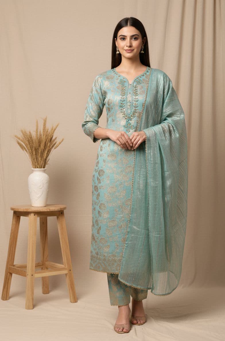 Mint green kurta with golden design