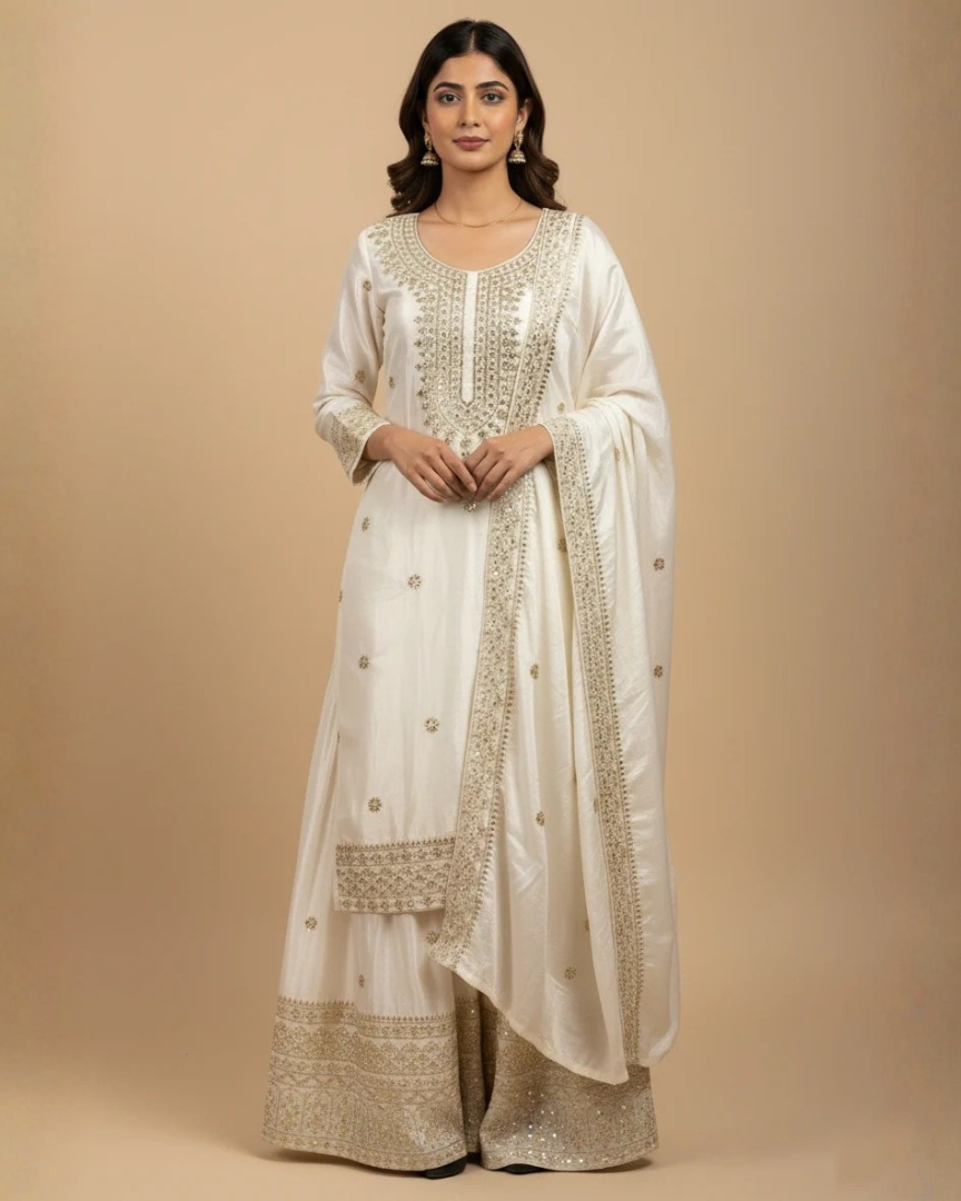 Elegant White Embroidered Sharara Suit