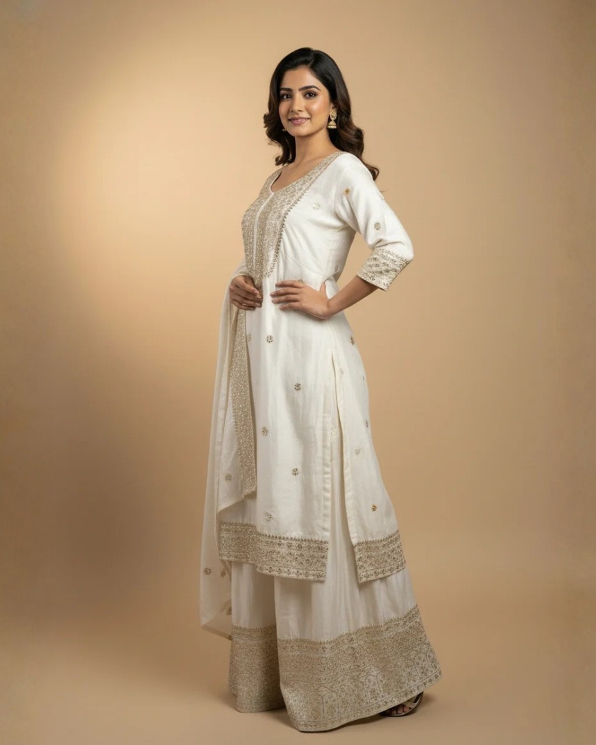 Elegant White Embroidered Sharara Suit
