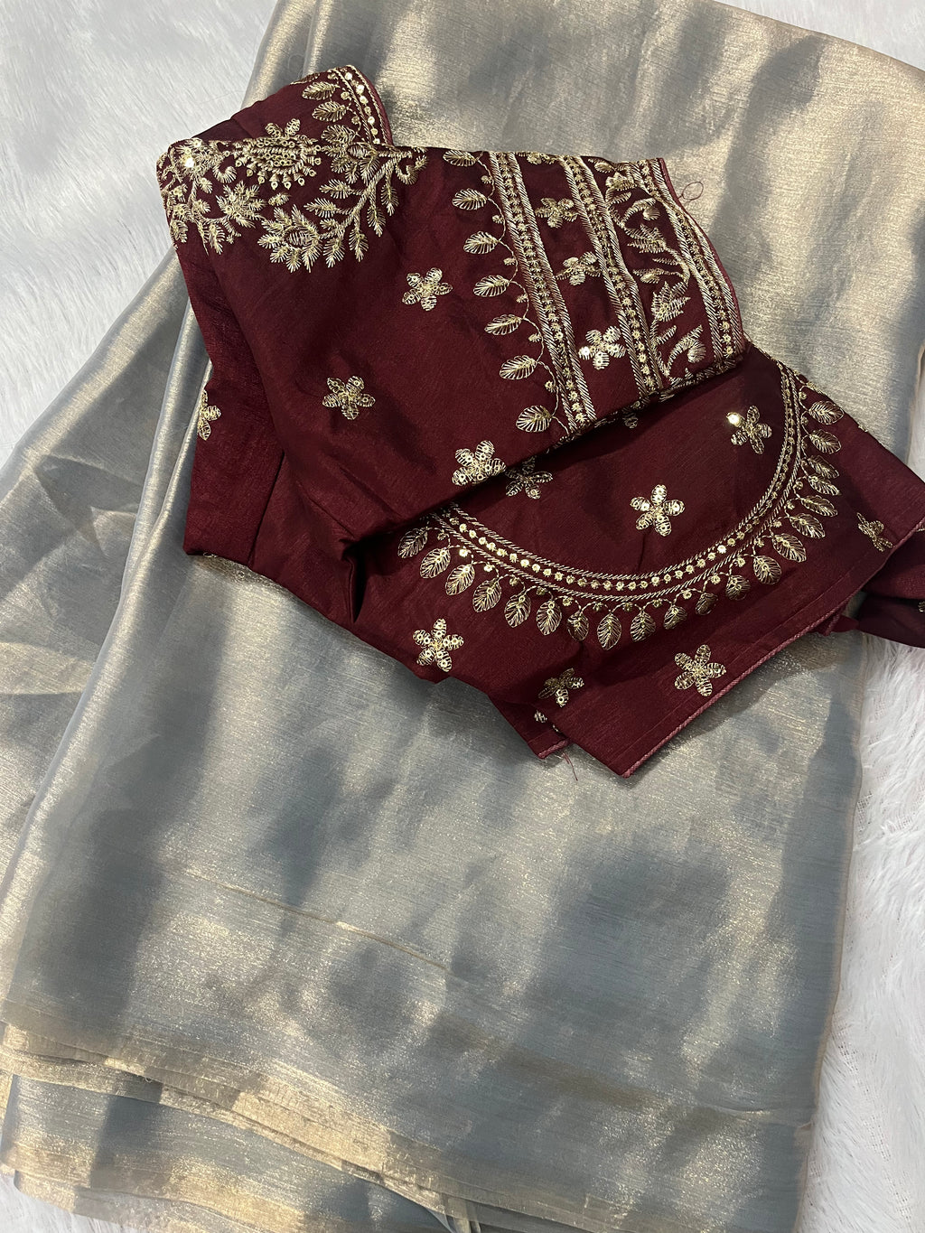 Metallic Silver-Grey Chiffon Saree