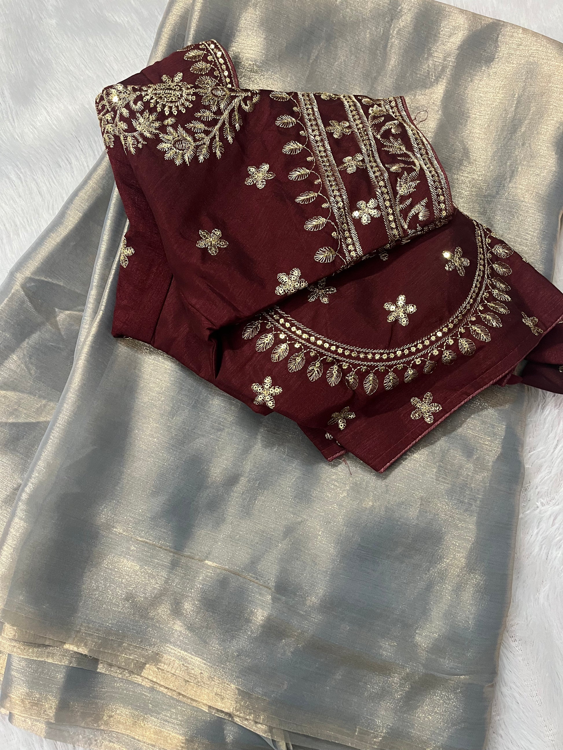 Metallic Silver-Grey Chiffon Saree