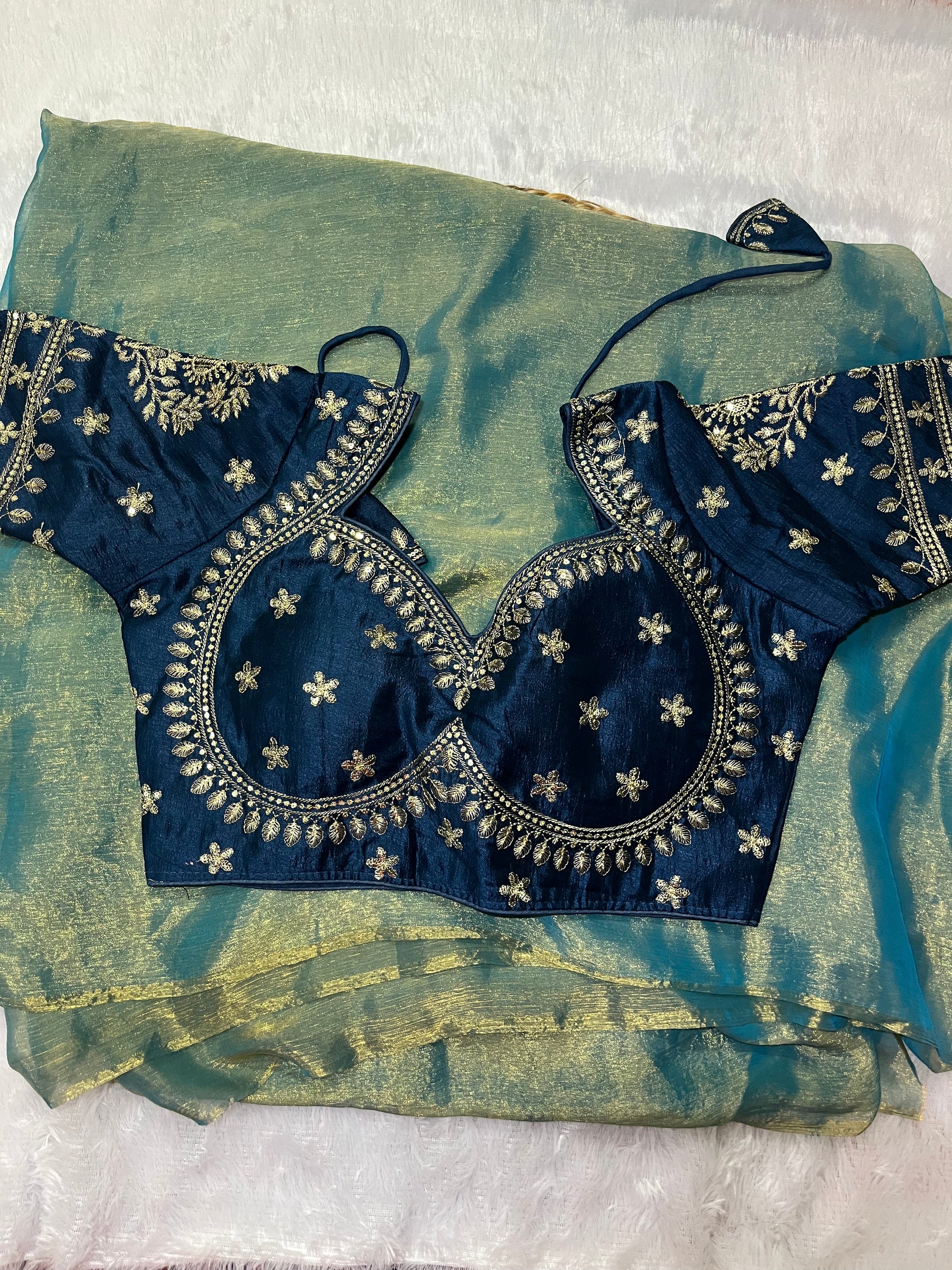 Sea Green Gold Chiffon Saree