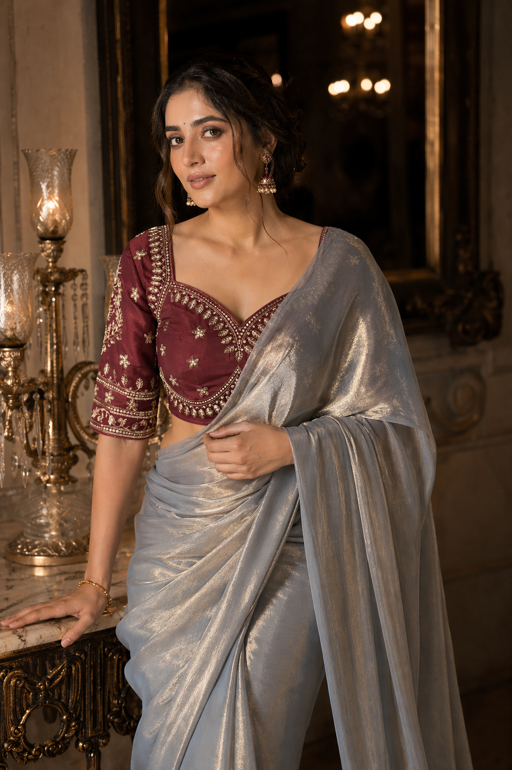 Metallic Silver-Grey Chiffon Saree