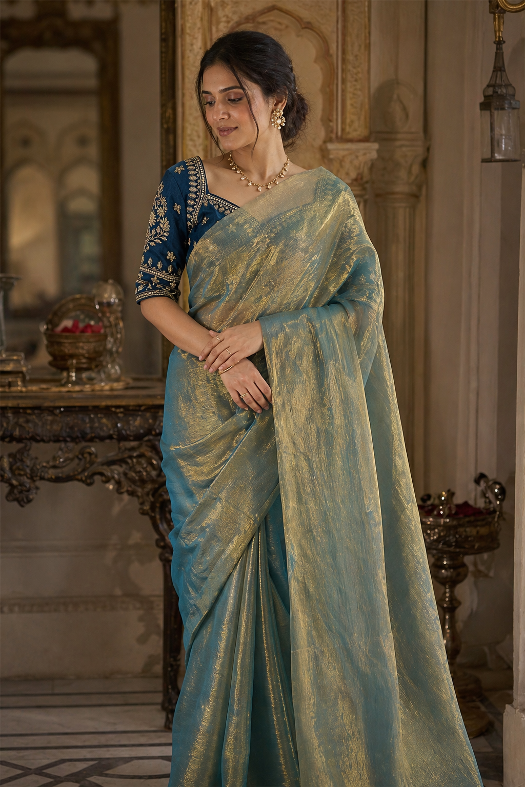 Sea Green Gold Chiffon Saree