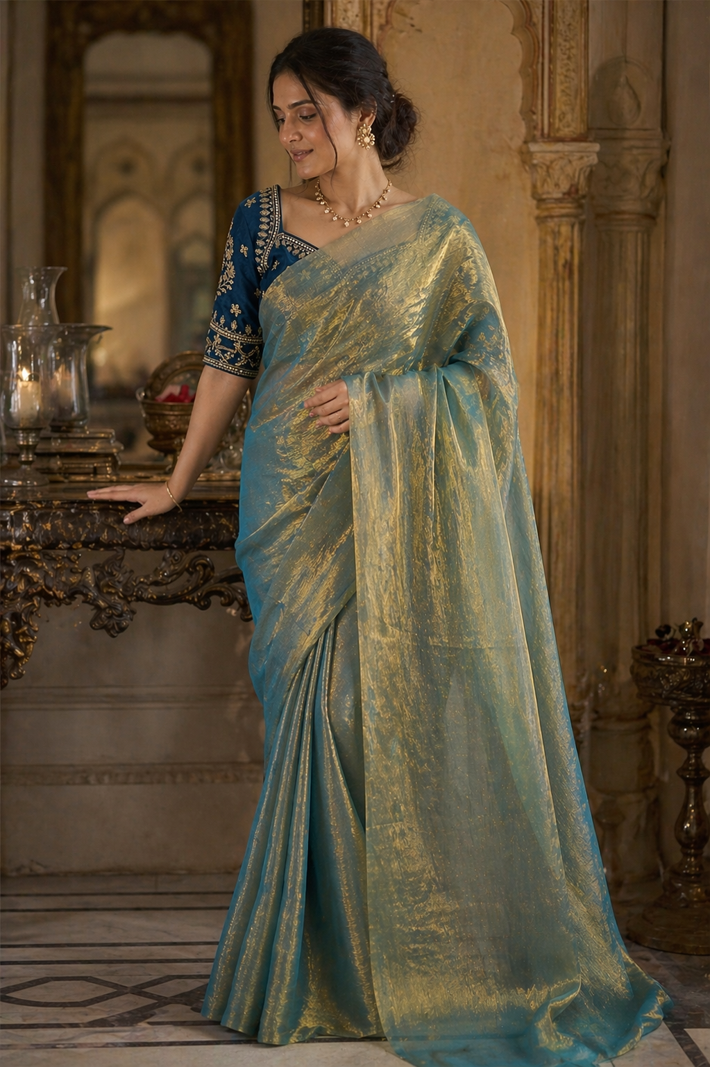 Sea Green Gold Chiffon Saree