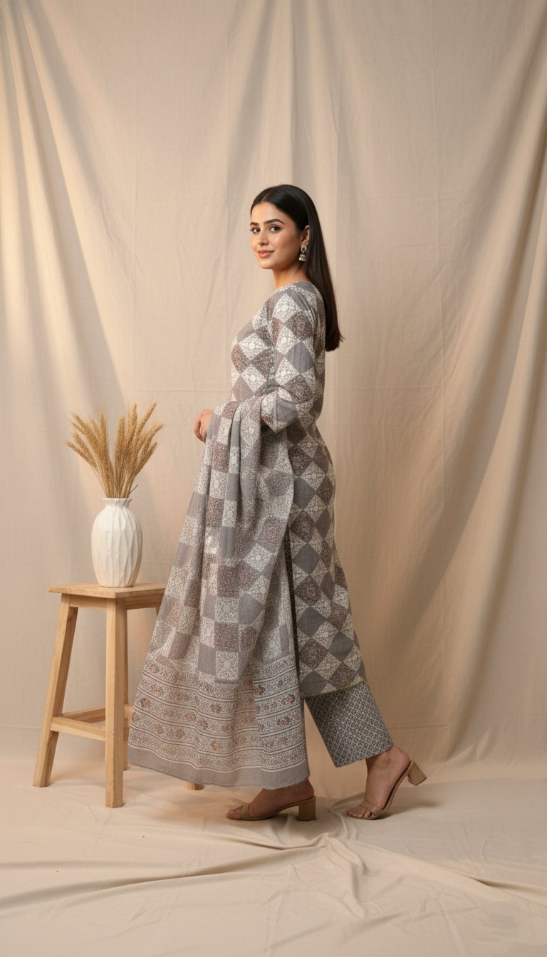 Grey Embroidered Unstitched Suit Set