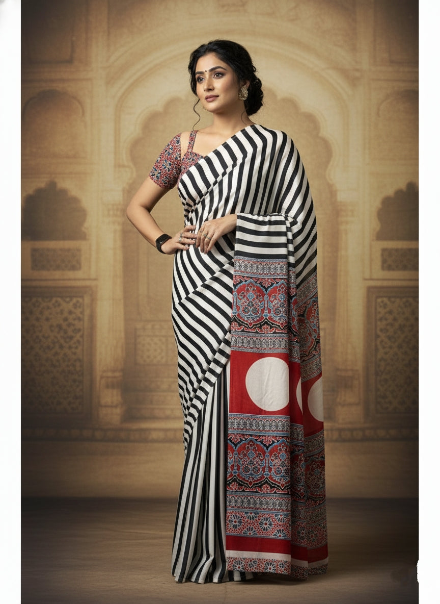 Black & Cream Striped Satin Silk Saree with Printed Pallu