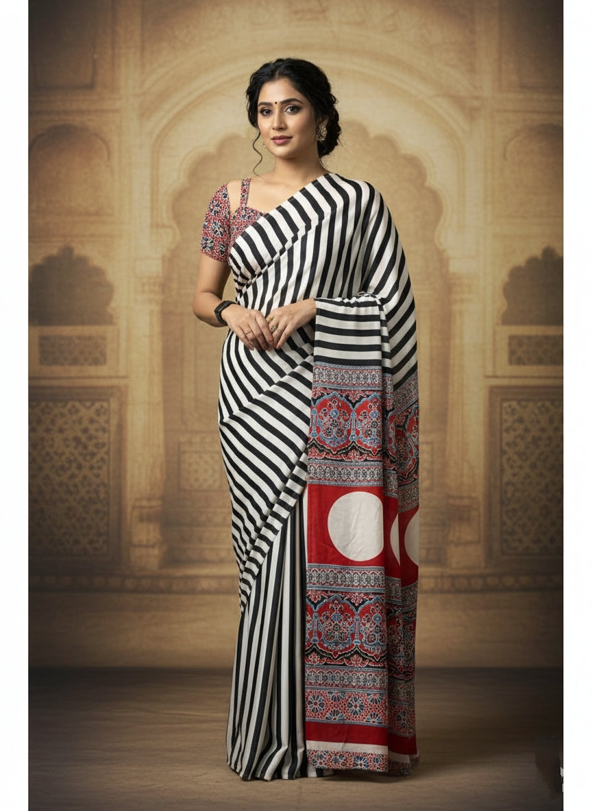 Black & Cream Striped Satin Silk Saree with Printed Pallu