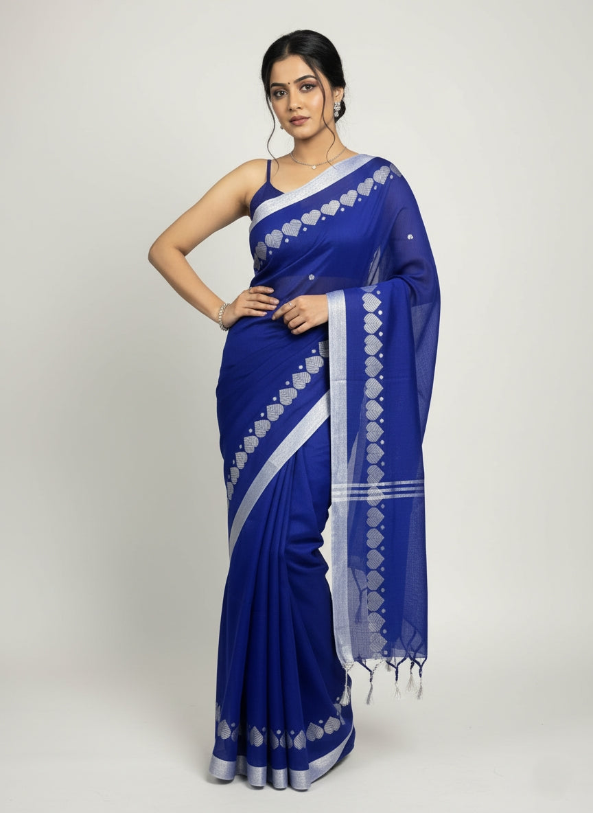 Elegant Royal Blue Saree with Silver Border Detailing