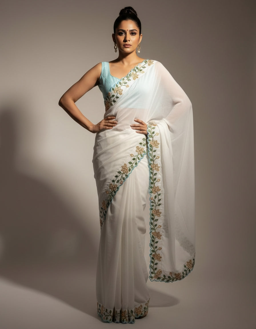 White Embroidered Saree with Flower Border