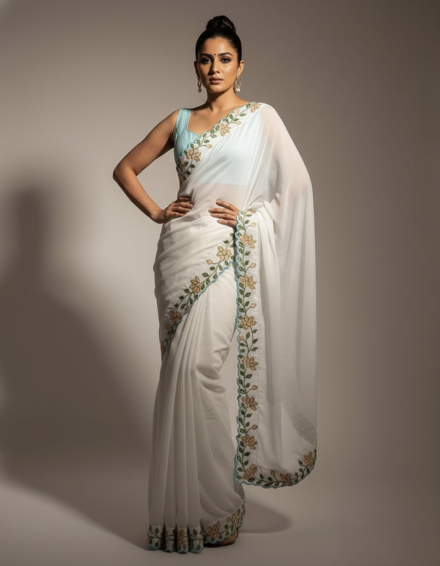 White Embroidered Saree with Flower Border