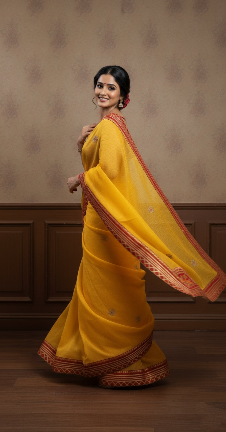 yellow Bandhani saree with golden detailing