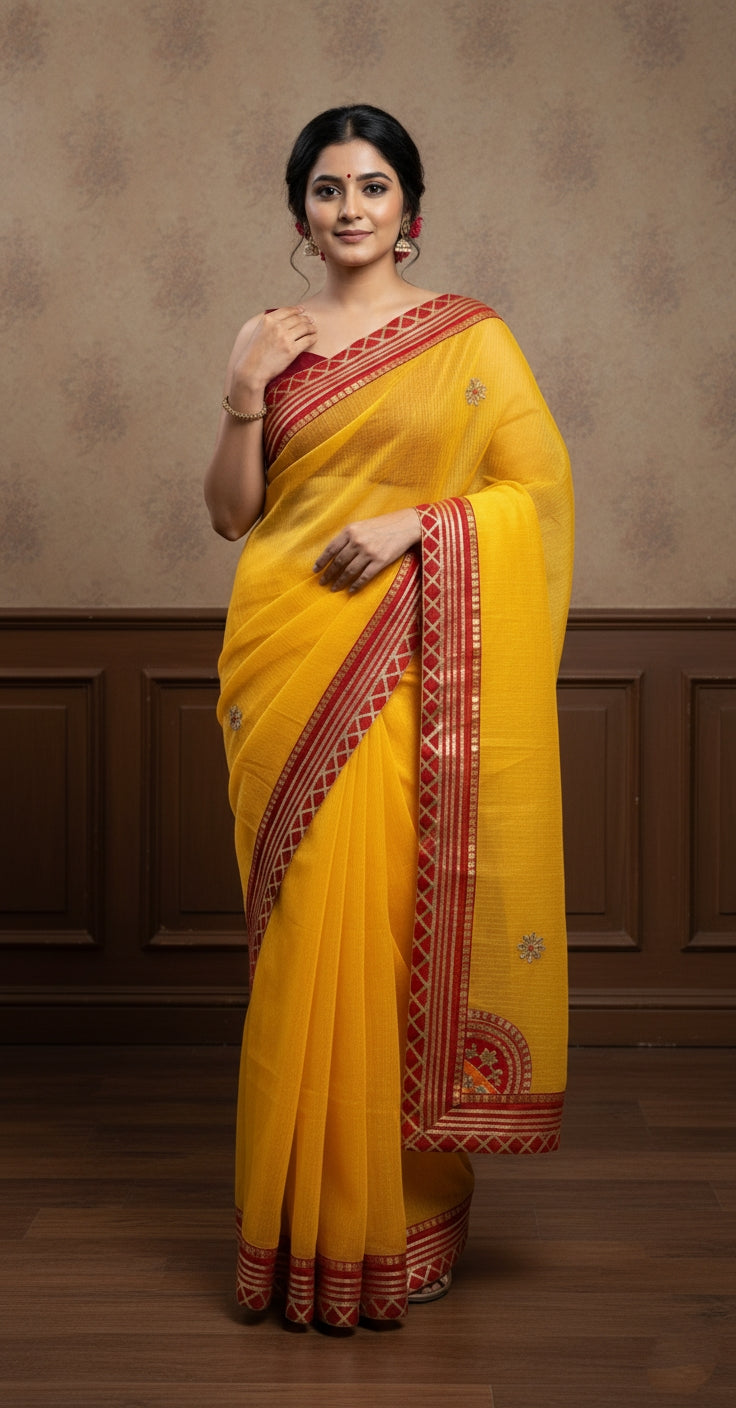 yellow Bandhani saree with golden detailing