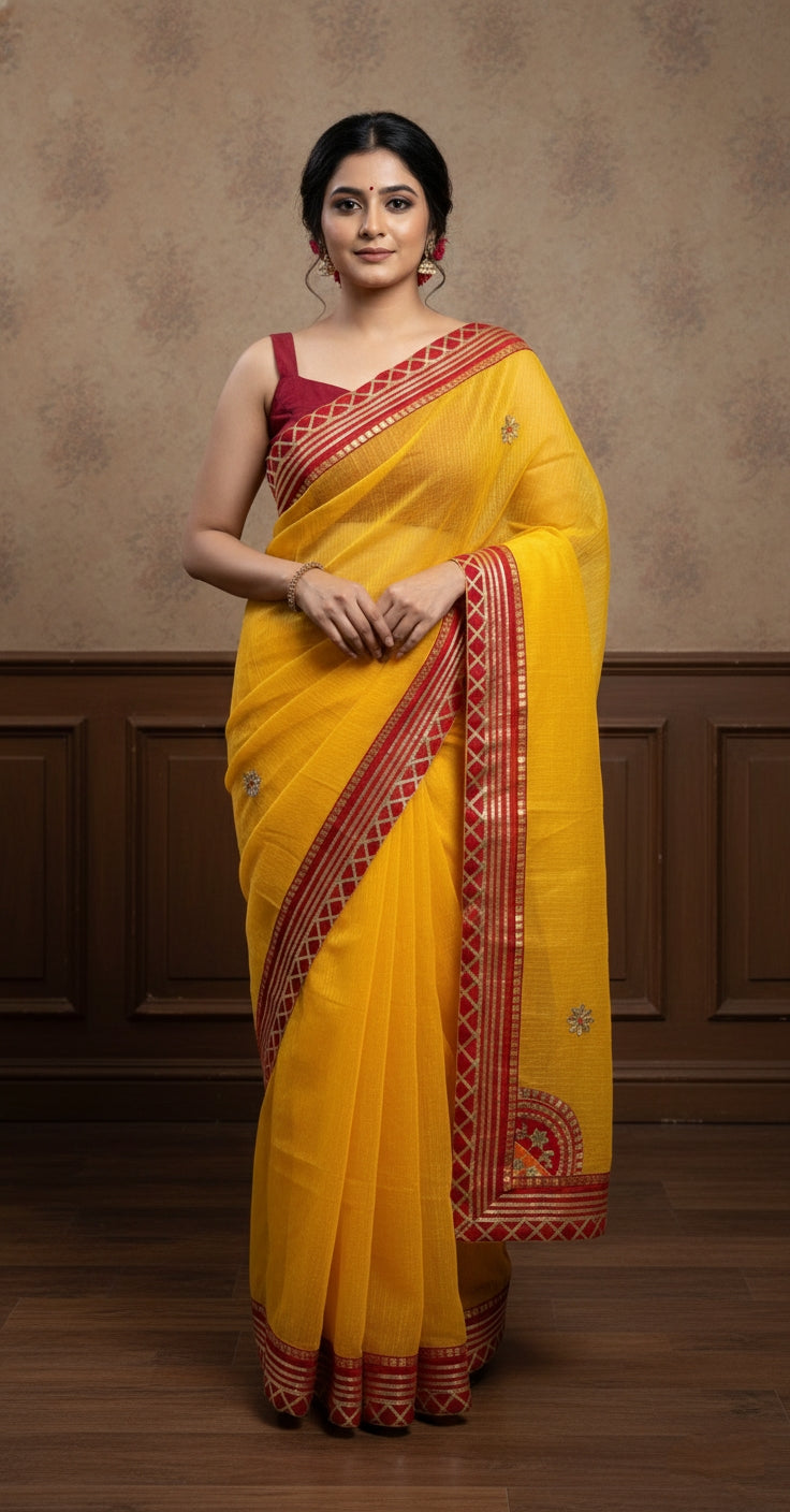 yellow Bandhani saree with golden detailing
