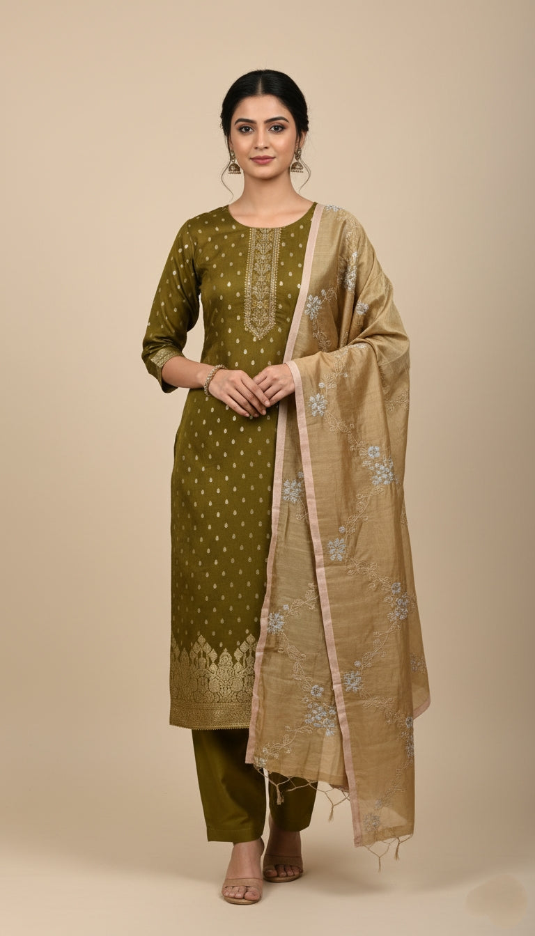 Olive Green Embroidered Unstitched Suit Set