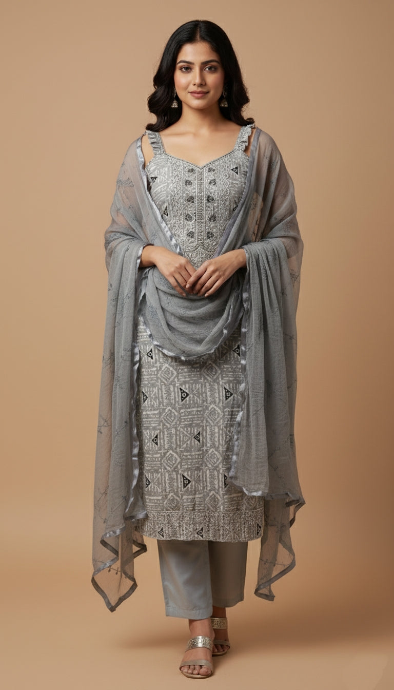 Grey Embroidered Unstitched Suit Set