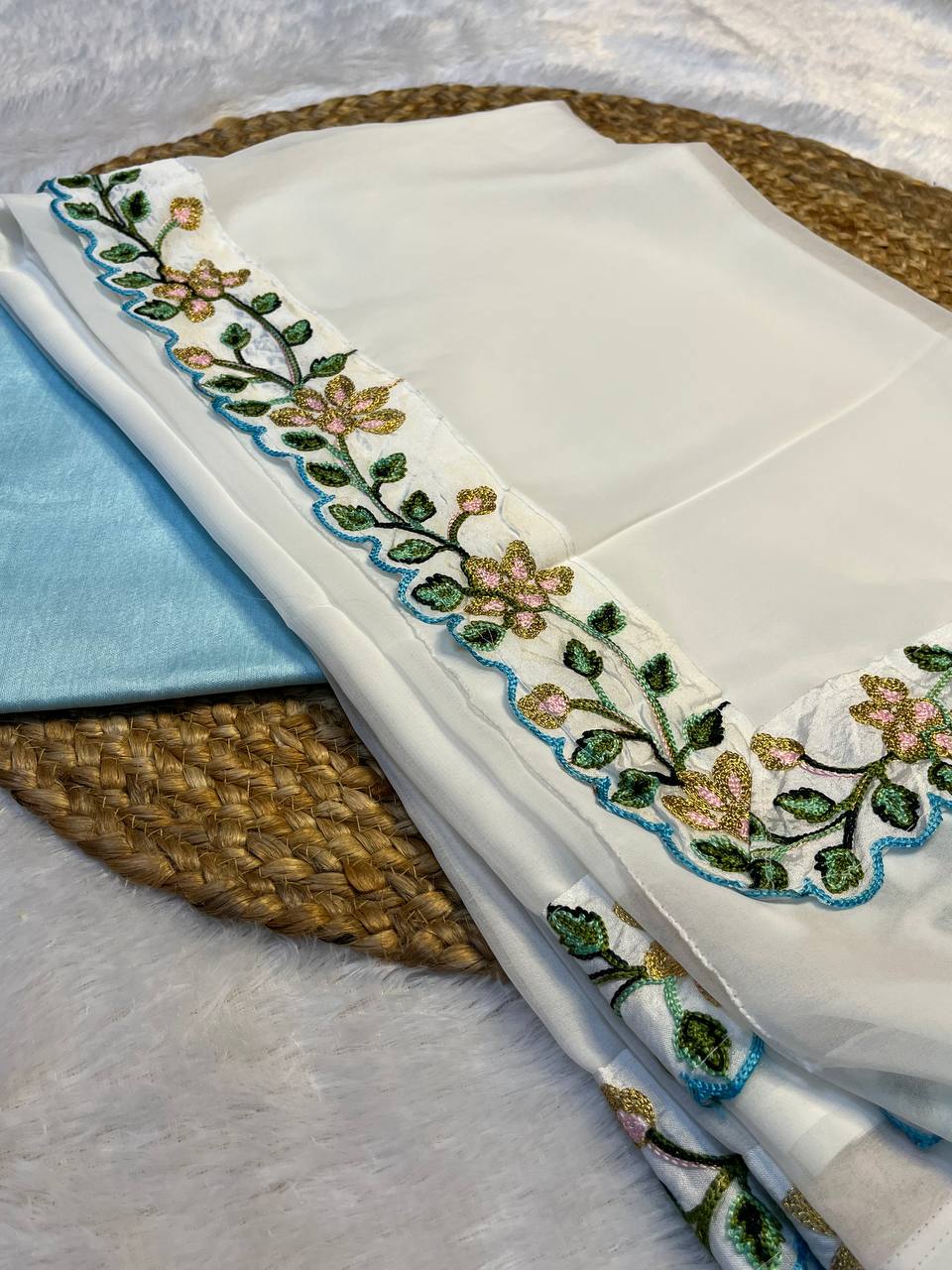 White Embroidered Saree with Flower Border