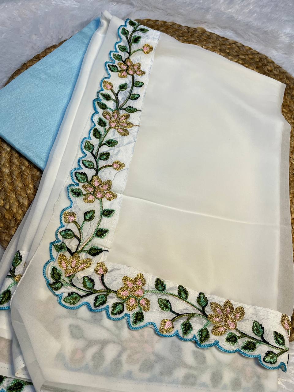 White Embroidered Saree with Flower Border