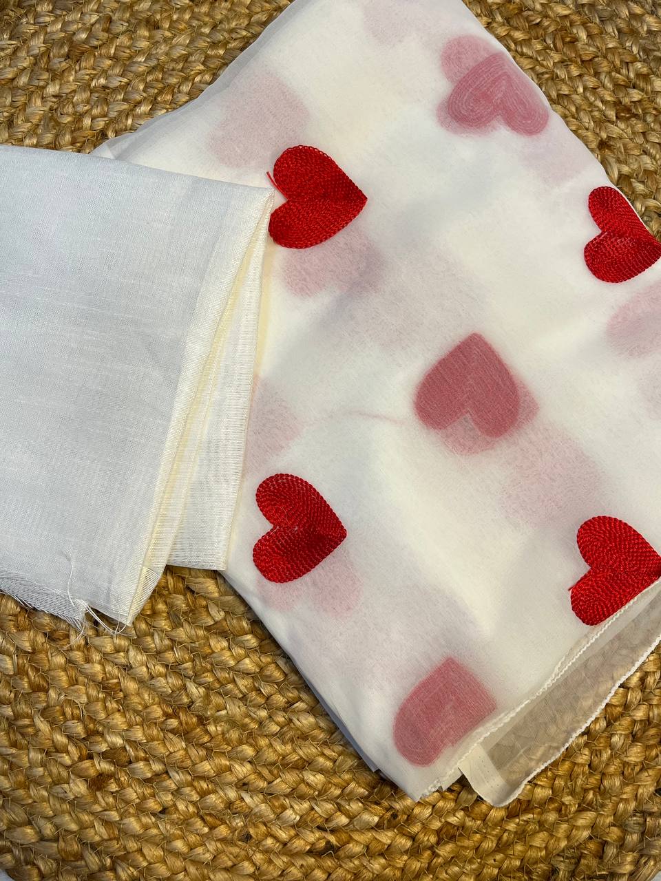 White georgette Saree with Red Heart detailing