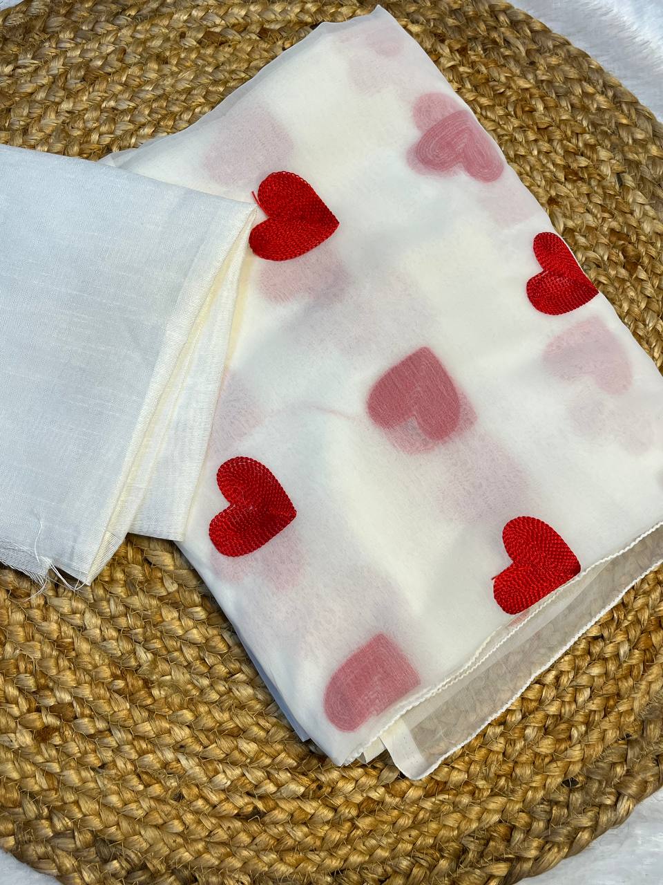 White georgette Saree with Red Heart detailing