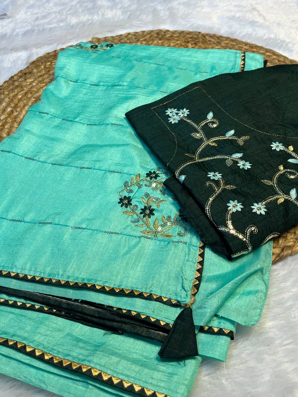 Mint Green Silk Saree with Delicate Embroidery