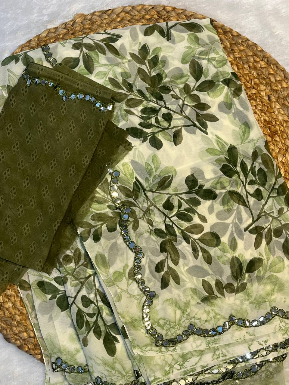 Green Leaf Print georgette Saree