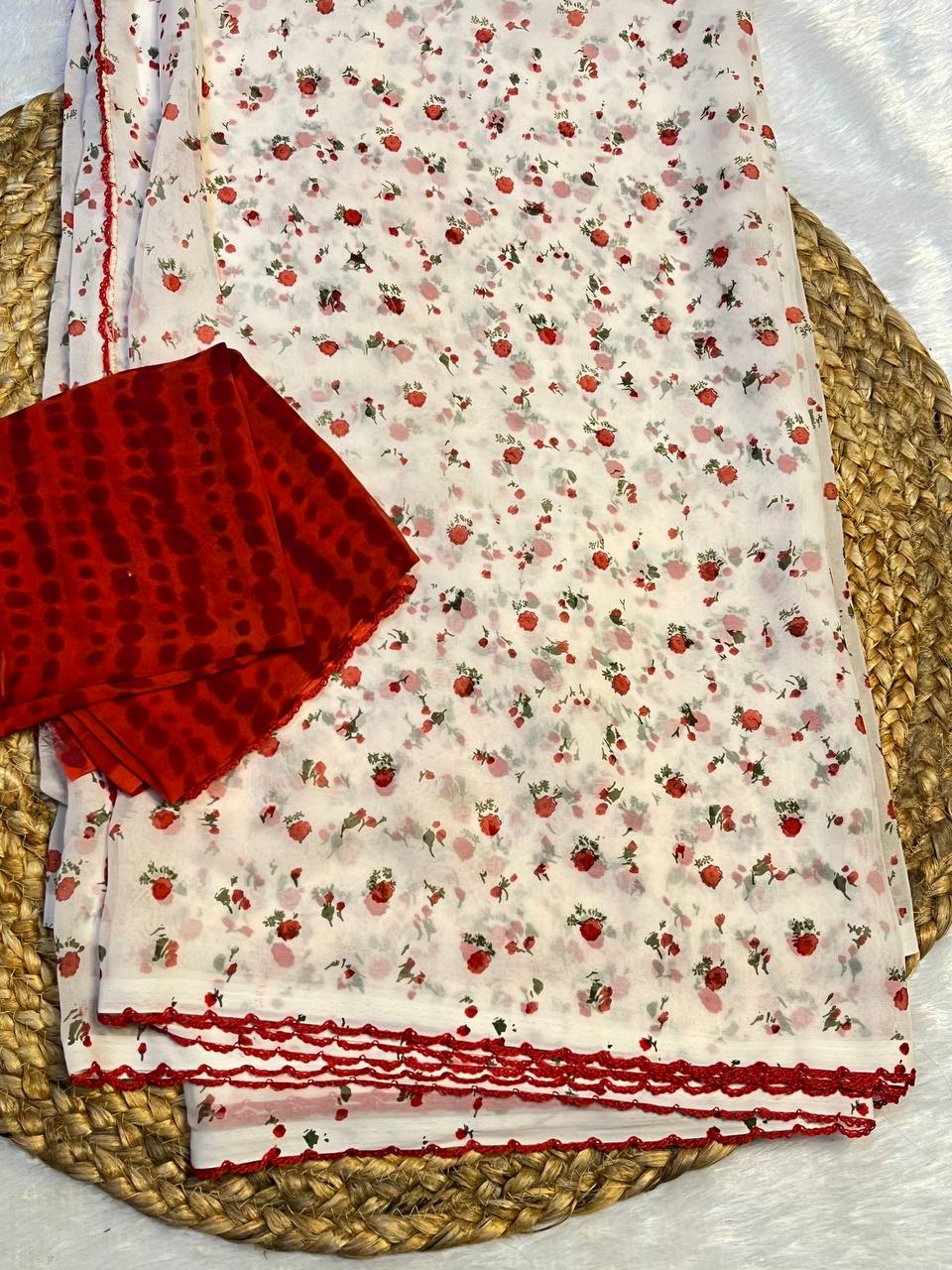 Soft White Saree with Tiny Red Floral Print