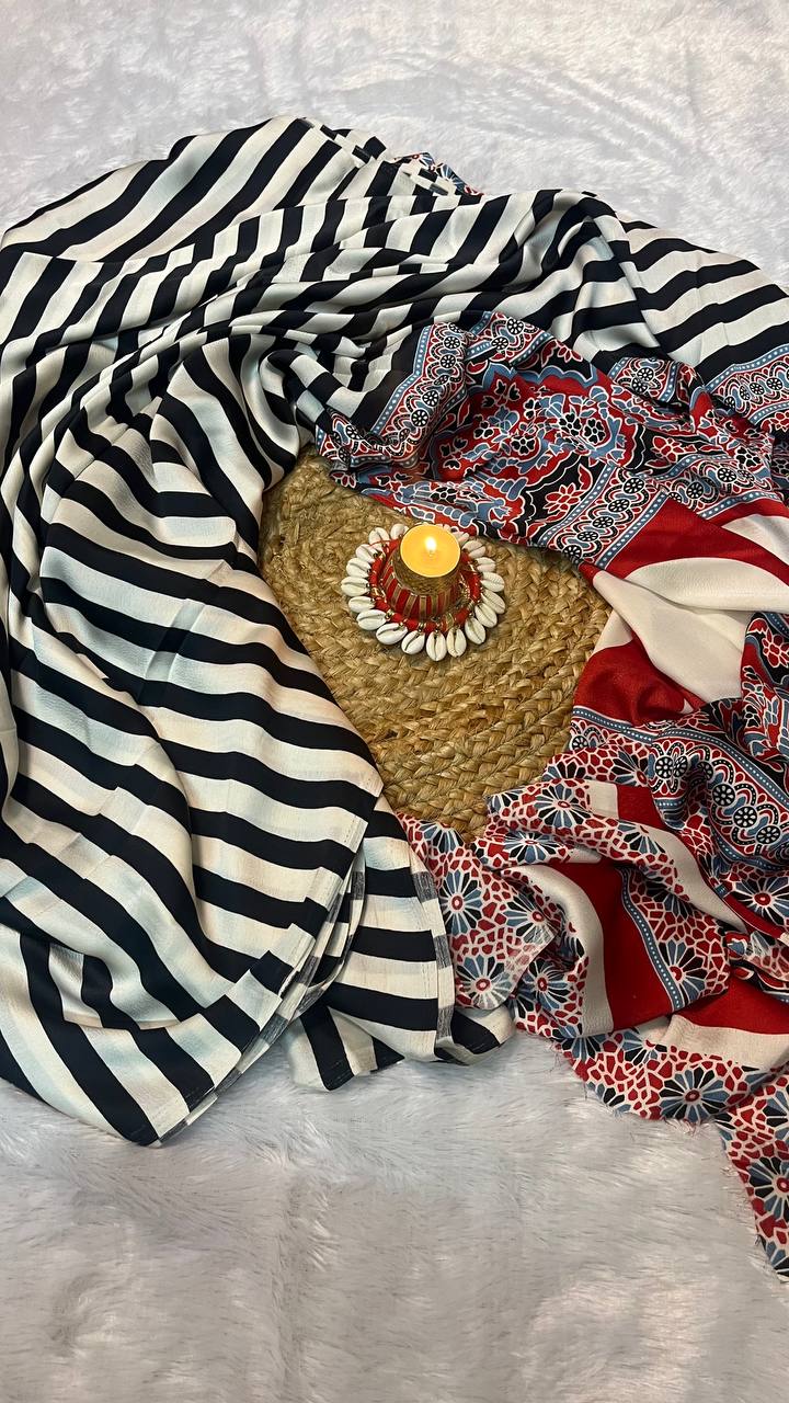 Black & Cream Striped Satin Silk Saree with Printed Pallu