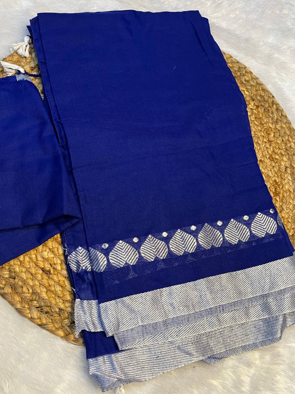 Elegant Royal Blue Saree with Silver Border Detailing