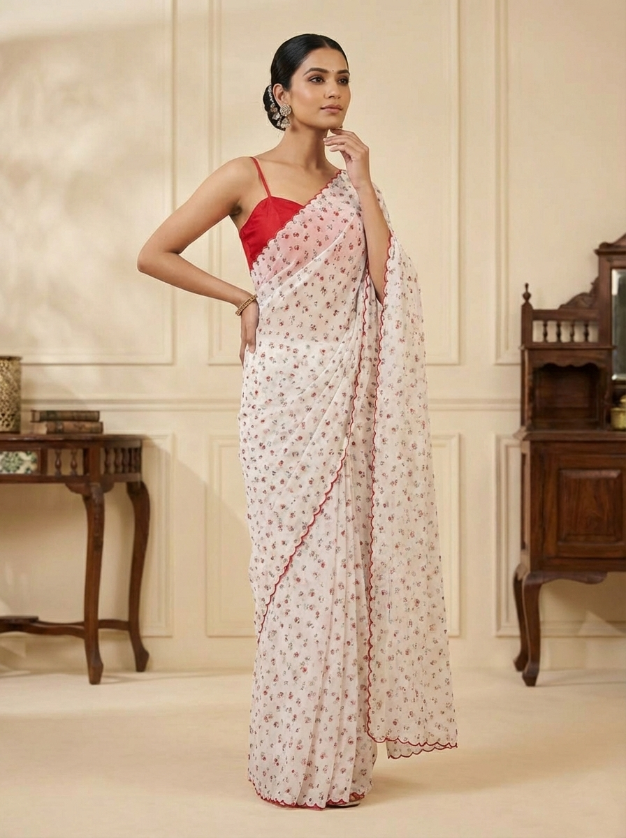 Soft White Saree with Tiny Red Floral Print