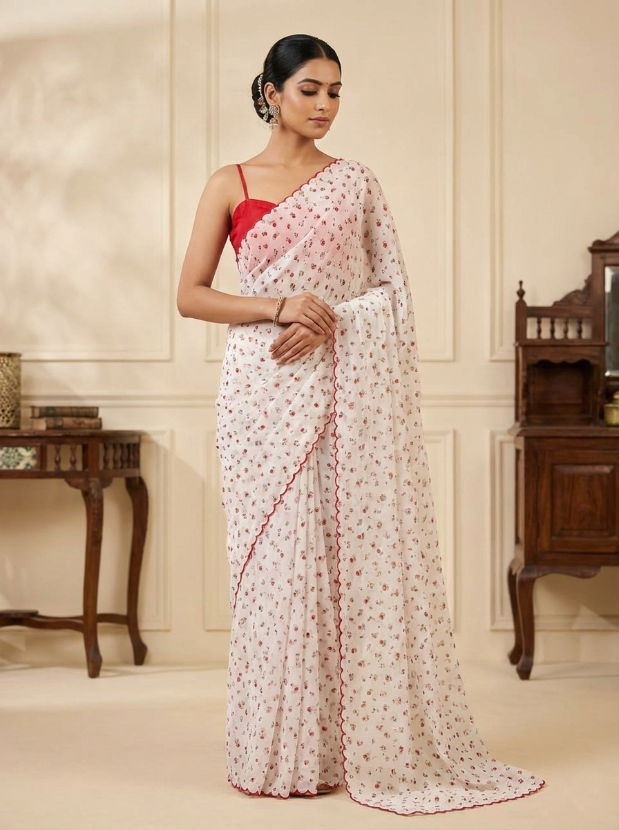 Soft White Saree with Tiny Red Floral Print