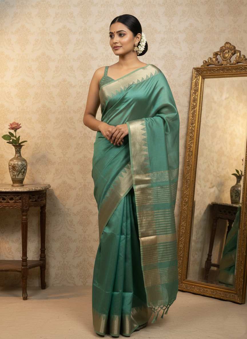 Sage Green Cotton Silk Saree with Golden Border