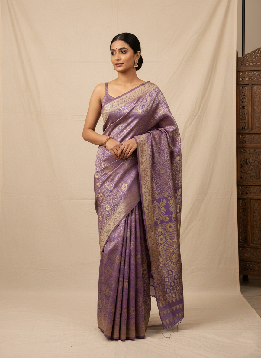 Royal Purple Banarasi Silk Saree with Golden Zari Work