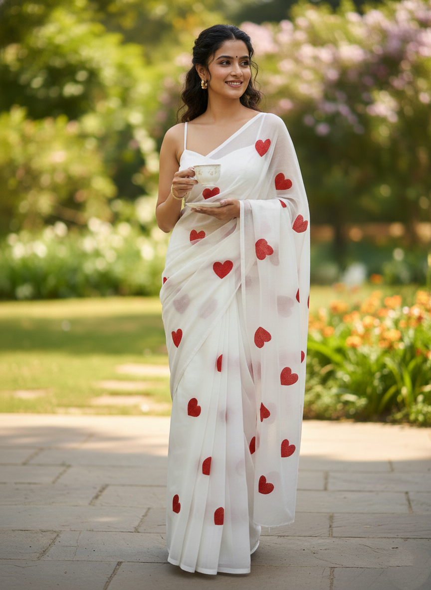 White georgette Saree with Red Heart detailing
