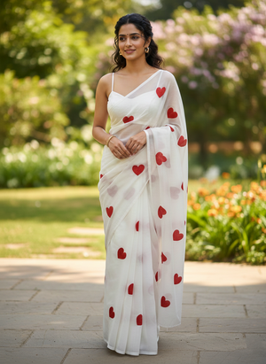 White georgette Saree with Red Heart detailing