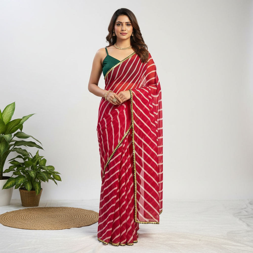 Pink and White Striped Georgette Saree with golden detailing on the border
