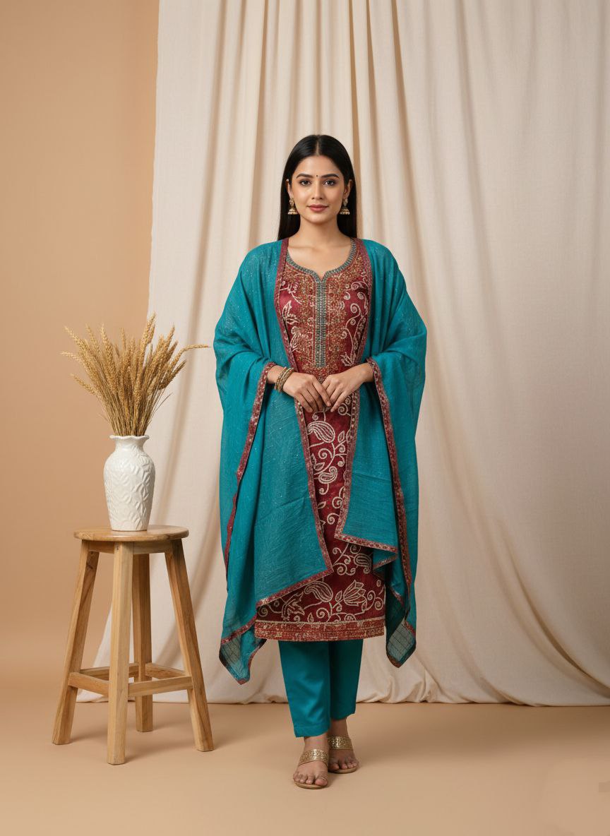 Maroon & Teal Embroidered Unstitched Suit Set