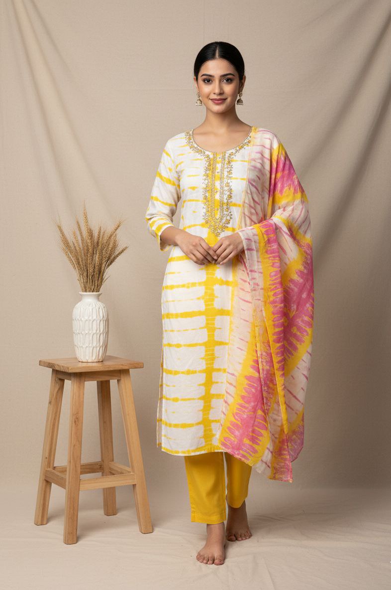 Yellow Embroidered suit set - Unstitched