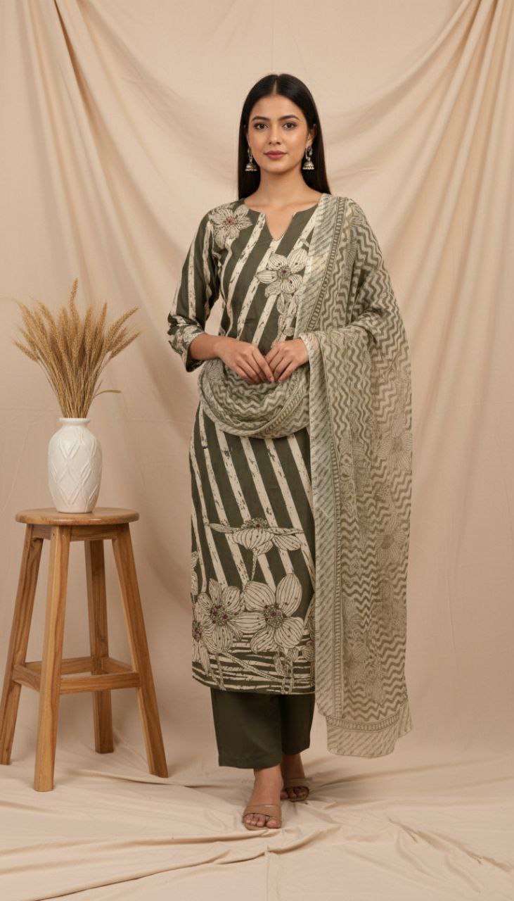 Olive Green Printed Unstitched Suit Set